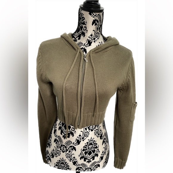 ⛷️Olive Green Long Sleeve Crop Front Hooded Sweater Sz L - Picture 1 of 10